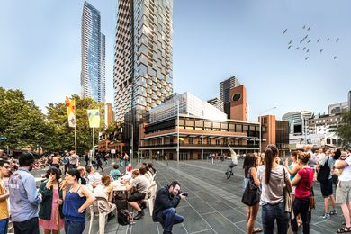 A proposed tower and community hub designed by Bates Smart and Six Degrees Architects adjacent to Melbourne's Queen Victoria Market.