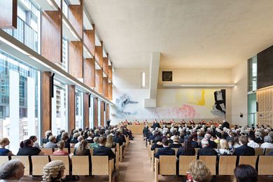 Courtrooms are brought to the edge of the building to show transparency.