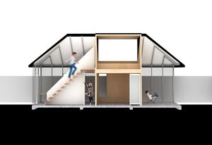 The one-hundred-square-metre house is designed to accommodate various configurations, including a small family, an intergenerational household and an Airbnb host and guest.