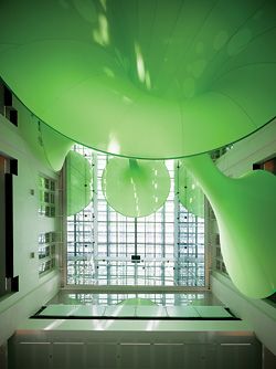 Looking up into the funnels of Green Void from the bottom of the atrium.