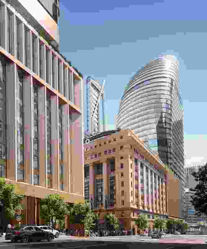 The north tower in the proposed over-station development at Martin Place designed by Grimshaw Architects, Johnson Pilton Walker and Tzannes.