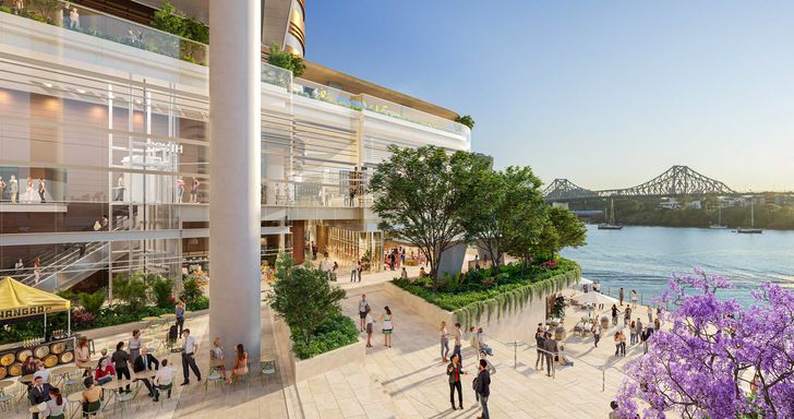 Waterfront Brisbane by FJMT and Arkhefield. The view across Market Steps towards elevated river lobby.