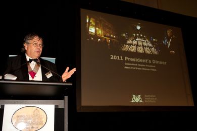 Queensland Chapter president Peter Skinner addresses guests at the 2011 Queensland Chapter President's Dinner, held at Customs House in Brisbane on 10 November.