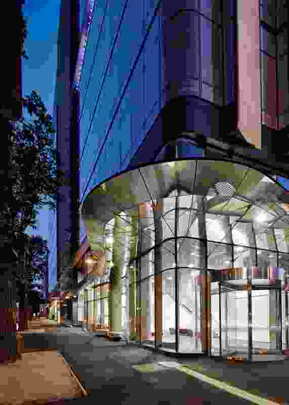 A high-tech canopy identifies the entry.