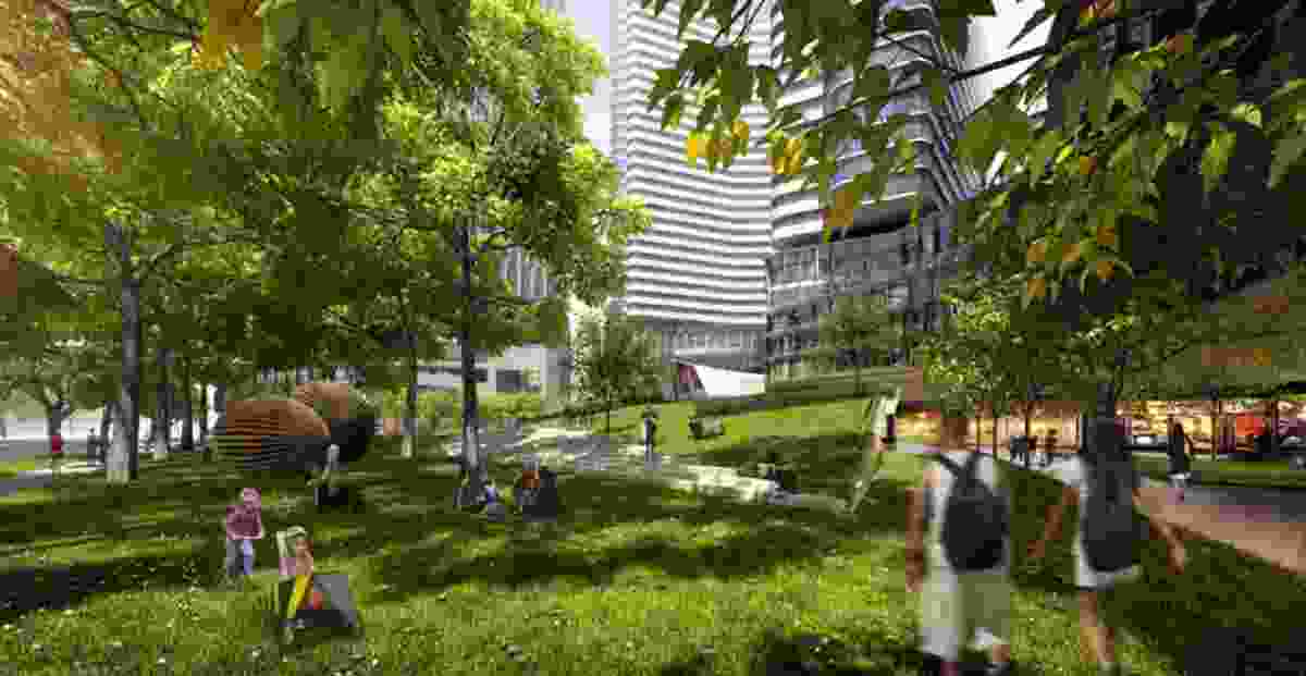 Open space consisting of laneways, a park and a large public square will make up 36 percent of the 2.2-hectare site, and the towers will feature rooftop gardens.