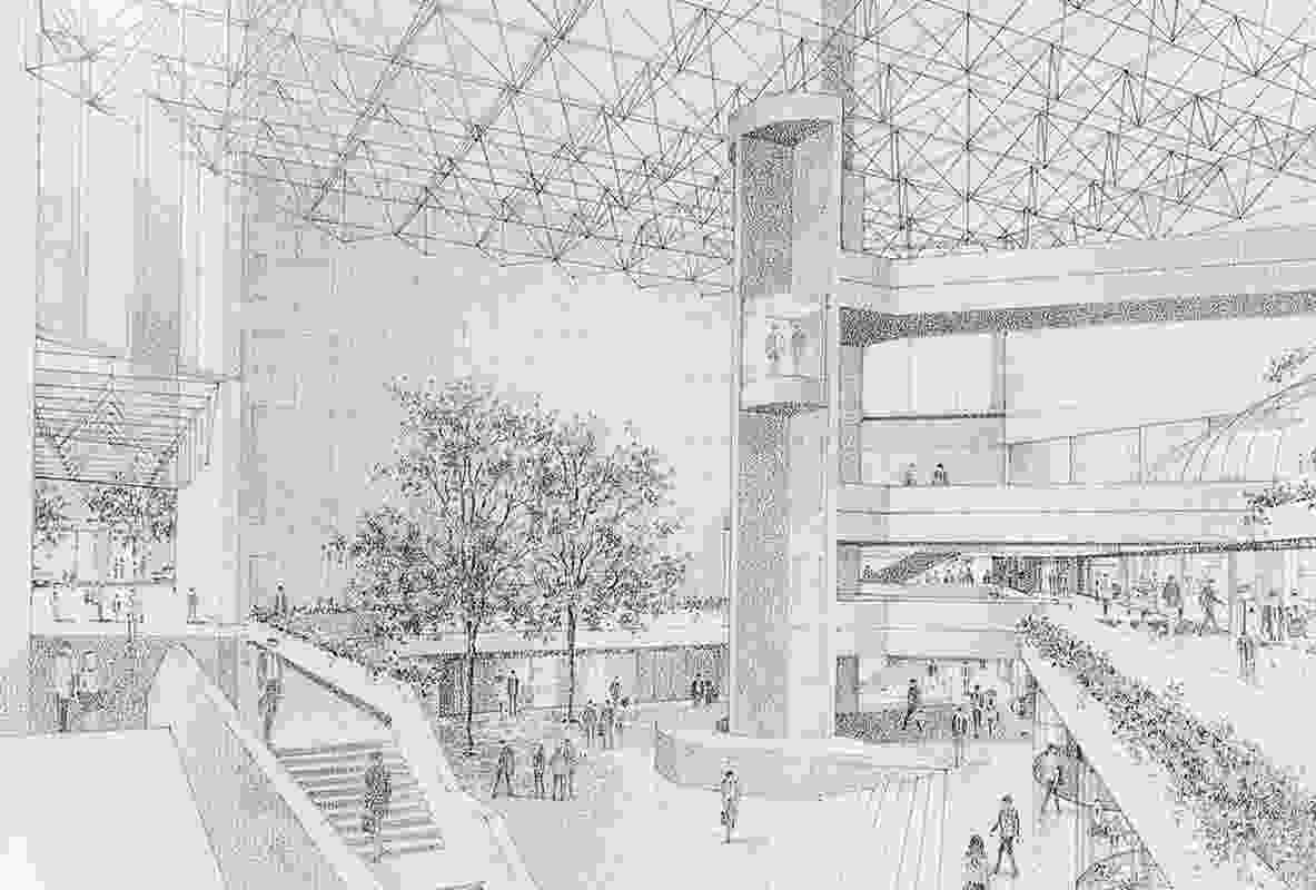 A sketch of the "Great Space" at Collins Place by Pei and Partners and Bates Smart and McCutcheon.