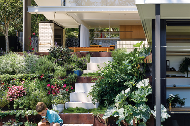 A terraced garden, filled with vegetables, herbs and blooms, descends to the architecture studio on the lower floor of the house.