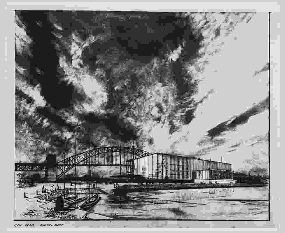 Unsuccessful proposal for Sydney Opera House by Plenderleath and Clark, Scotland, 1956.