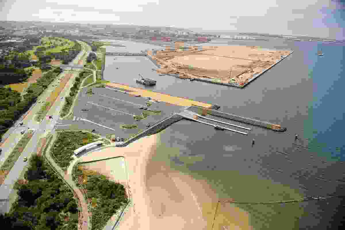 An aerial shot of the Port Botany expansion project, overlooking the boat ramp, pedestrian overpass and port terminal.