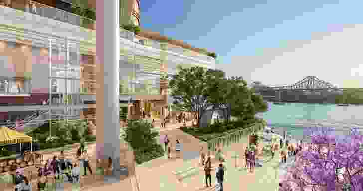 Waterfront Brisbane by FJMT and Arkhefield. The view across Market Steps towards elevated river lobby.