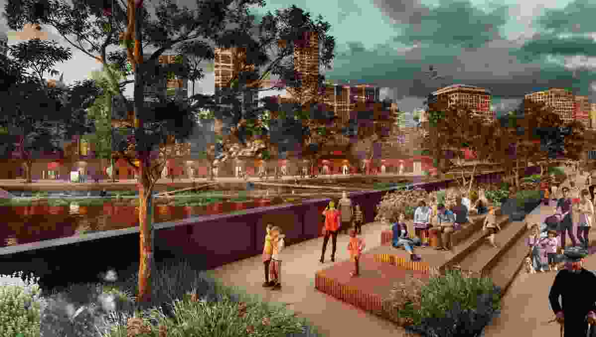 A linear park at Sandridge Bridge in the Falls precinct of City of Melbourne's Greenline project.