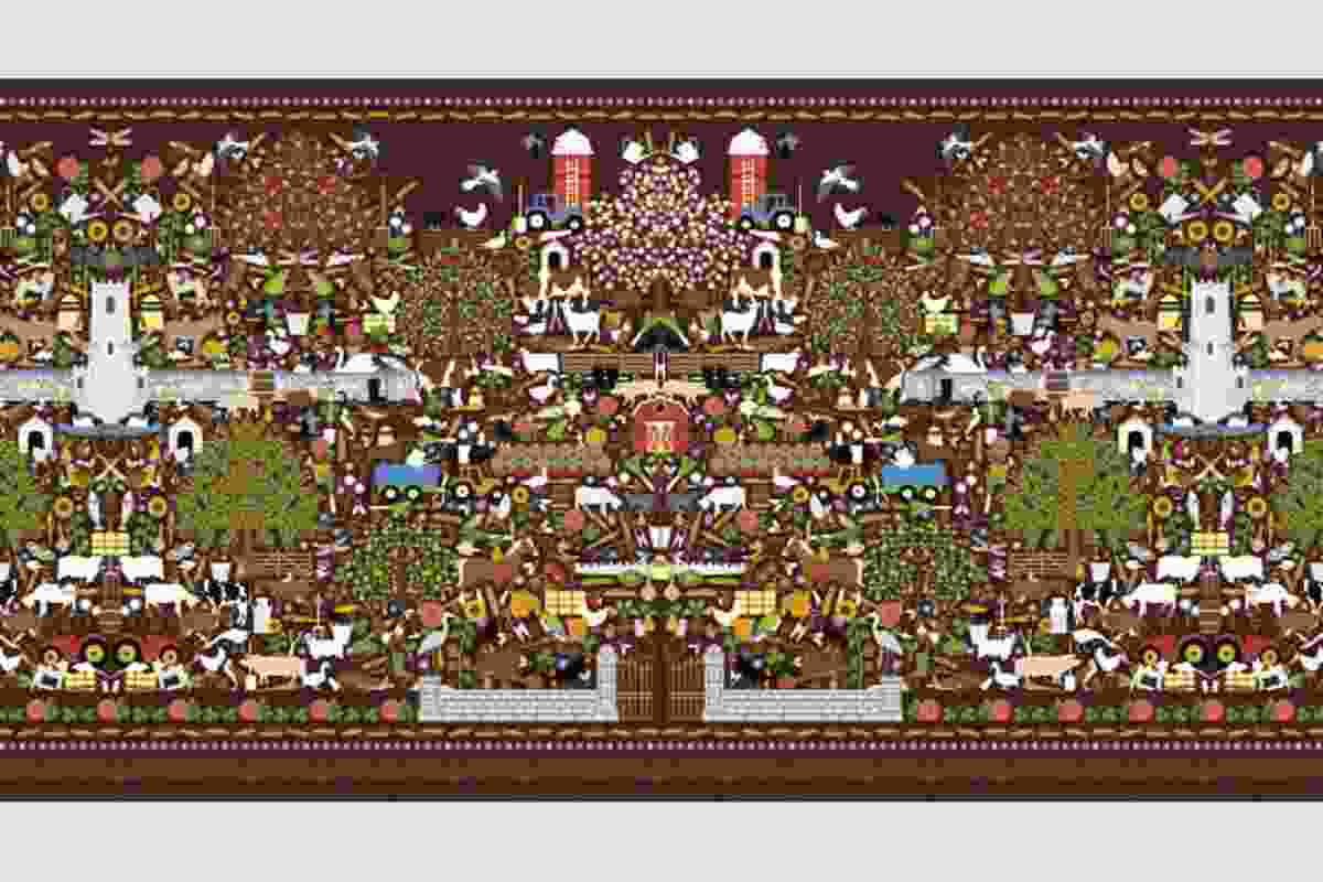 Gatefold with farmyard imagery from the Bavaria series of marquetry furniture, 2008.