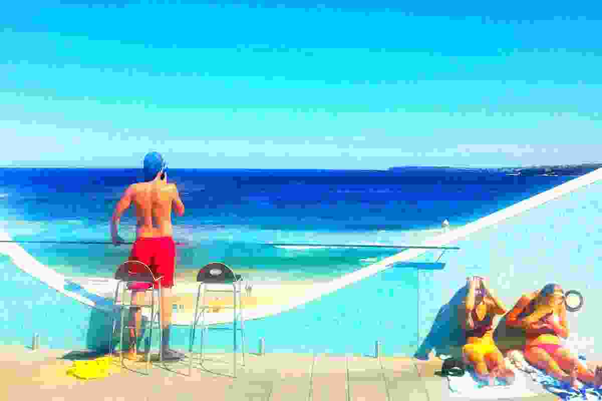 A surf life saving casting a watchful eye over the beach from upper floor observatory.
