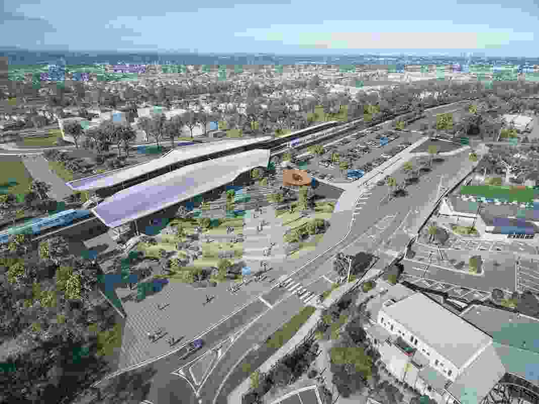 An aerial view of Marymede station by Grimshaw Architects.
