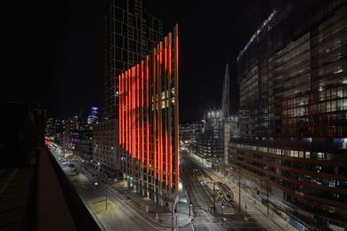 The Bruce Ramus LED light artwork that shows the weather forecast, at 888 Collins Street in Docklands, Melbourne.