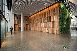   The ground-level foyer with the green wall on one side, and feature wall decorated with reclaimed timber on the other. Image: Emma Cross 