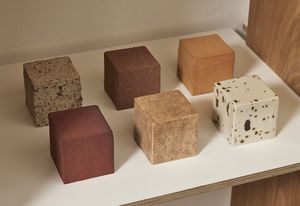 The  Material Studies  exhibition, 2023, presented 18 ceramic cubes, each made of a material found locally in Melbourne.