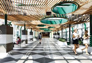 The upper level of the bridge has been converted into green space, with snaking beds of plants. Fixed binoculars give visitors the opportunity to look out onto busy Lonsdale Street.