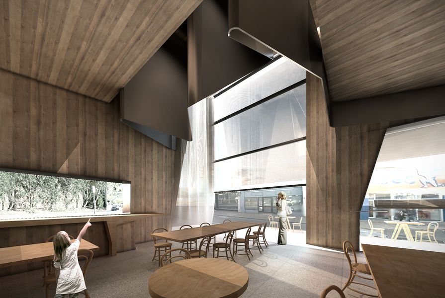 The Prahran John Wardle Architects apartment project features a double height void at the front of the cafe section that will help to illuminate the space.