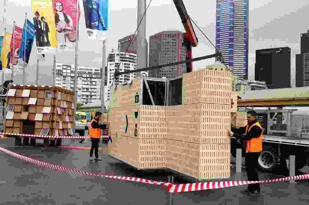Dropbox craned into place at Federation Square, Melbourne in May 2013.