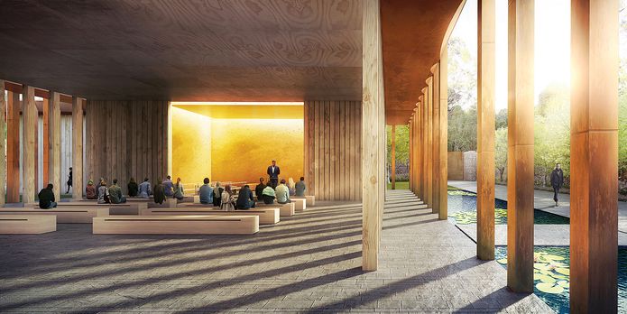The design explores the possibilities of a landscape cemetery, with a site-wide intent to conserve the natural habitat. Off-the-grid facilities include a non-denominational pavilion designed by Chrofi.