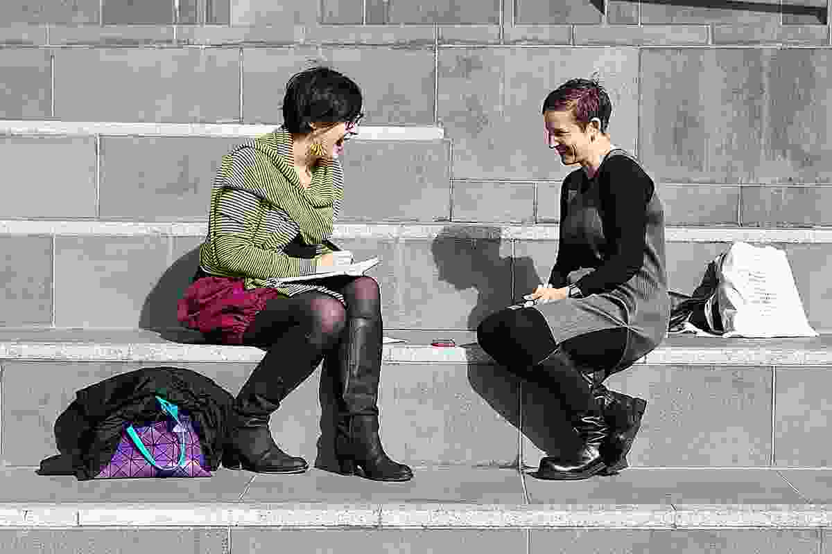 Tania Davidge (left) in conversation with Lori Brown after the Transform symposium in  Melbourne, 2013.