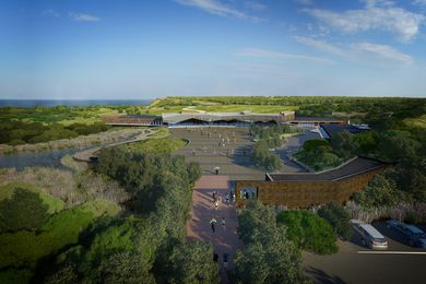 An aerial view of a concept proposal for the Penguin parade visitor centre designed by Peter Eliott Architecture and Urban Design, as seen in the Summerland Peninsula Infrastructure & Procurement Master Plan (2012) by Tract Consultants.