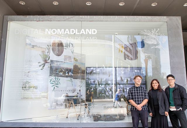 Ricky Ricardo, Jobelle Villaneuva and Carl Hong (left to right) in front of their installation, Digital Nomadland, at the RMIT Design Archives.
