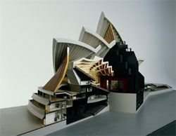 Sectional model of the Opera House, showing Utzon’s final development for the Major Hall, now the Concert Hall, constructed by Finecraft Modelmakers, Sydney, scale 1:128, 1966. Powerhouse Museum, Sydney.