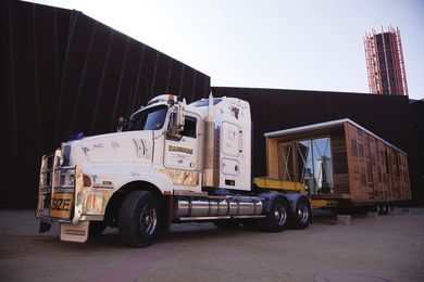 The Arkit EcoStudio is delivered to its site outside Melbourne's Australian Centre for Contemporary Art.