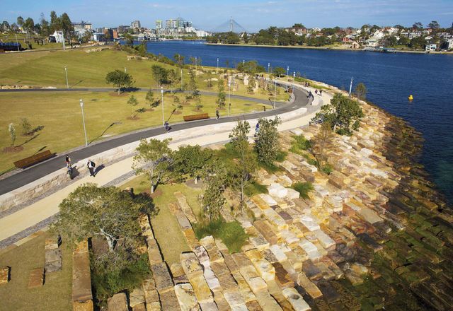 Excavated sandstone blocks are used to re-create the pre-colonial landform of the Barangaroo Reserve site, a former shipyard.