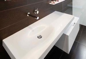 Minosa's Hung Lift cabinet and Double ScoopED washbasin.
