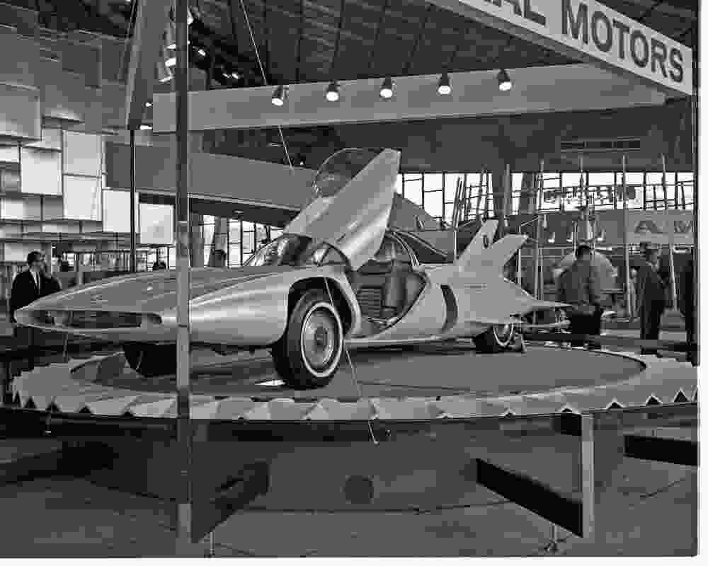 General Motors' Firebird III, an early attempt at a car with 'autonomous' systems, on display at the Century 21 Exposition, Seattle, 1962.