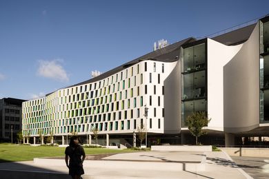 The facade overlooking the Alumni Green of the new Faculty of Science and Graduate School of Health at Sydney's University of Technology.