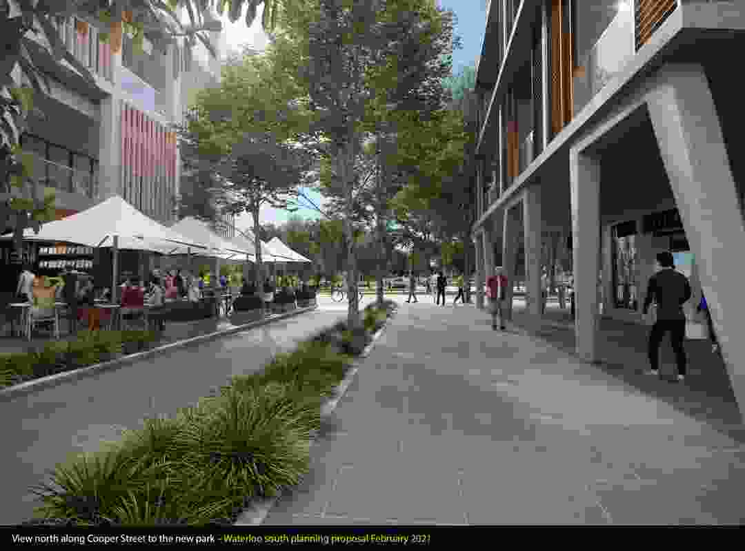 The City of Sydney's proposal for Waterloo Estate South, view along Cooper street to the new park.