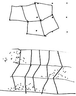 C. Random shifts from the grid across three floors generate a series of commercial spaces in an unbuilt proposal for a department store, maintaining the optimum volume between columns that increases sales (plan and section).