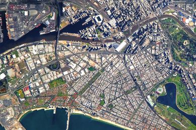 Satellite view of central Melbourne and the Fishermans Bend renewal area.