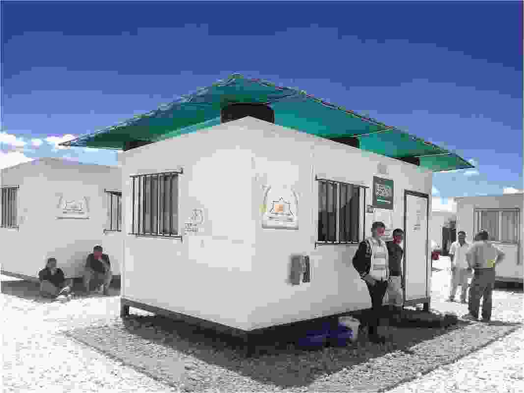 Shelter summerization, Zaatari refugee camp in Jordan: a DIY upper canopy + veranda assembly kit to mitigate shelter internal temperature and offer an external protected space to refugee families.