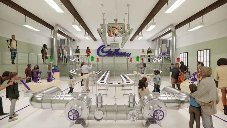 According to the designers, the vision, which was released in September last year, “takes cues from the adjacent Cadbury Factory, reimagining its pipes, machines and conveyor belts into a hyperreal chocolate world.”