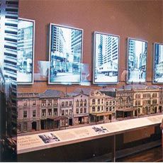 Images of the Sydney @ Federation exhibition installation at the Museum of Sydney.
Images show models of 1880s King Street, built by Jack Montgomery in the 1950s
and now owned by the Powerhouse Museum.
Photos Ross Heathcote.