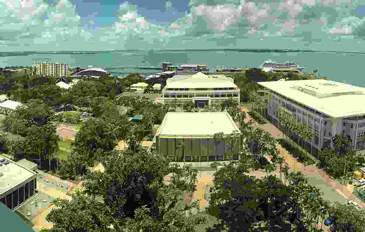The existing site of the Darwin Civic and State Square Masterplan, with the Northern Territory Parliament House (far right) and the Supreme Court of the Northern Territory (middle top).