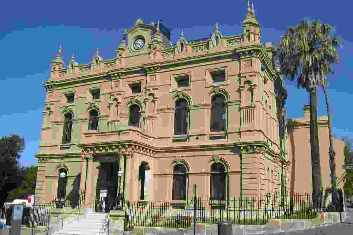 View of Glebe Town Hall, 2013, showing the restoration of cresting to the ridge and clock tower.