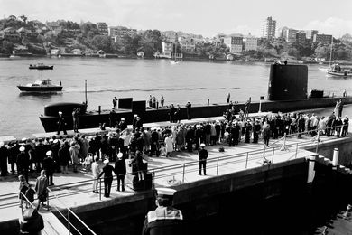 The submarine HMAS Oxley at the HMAS Platypus Wharf, 1967.