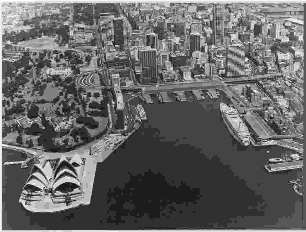 Photomontage of proposed parking station at Circular Quay. From Sydney Cove carpark, Wood Hall Limited, 1970, Architects, Hall and Anderson.