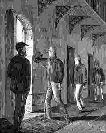 Prisoners of Pentridge Prison wearing hoods under the "Silent System". Wood engraving, 1867.