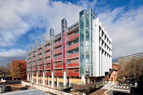 External colours and materials were chosen to make the building blend in with the predominantly red brick campus.