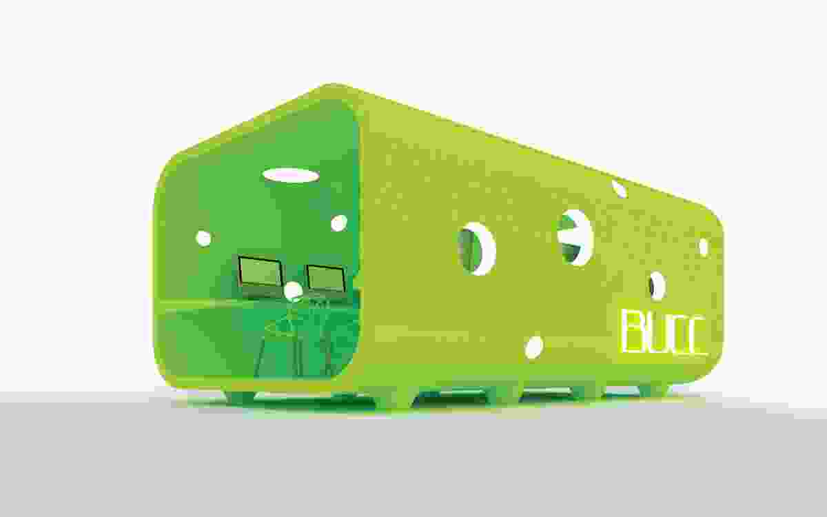 3D render of the green internet pod.