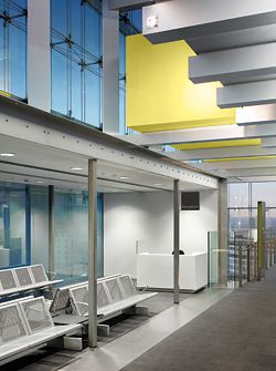 Consultation and meeting rooms are suspended within the atrium. Photographer Daniel Hopkinson.