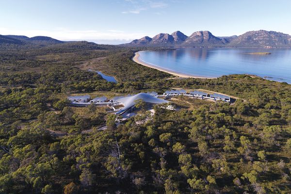 Aerial view of the Saffire Freycinet resort, looking across Coles Bay to the Hazards.