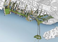The Urbis proposal
for Langley Park. Key
design elements include:
1. The field. 2. The
shutters. 3. The ribbon.
4. The airstrip. 5. Sky
bridge. 6. Wind blades.
7. The urban gardens.
8. The oyster. 9. Fishtrap
bridge. 10. The loop.